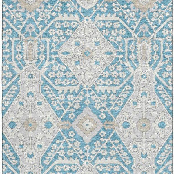HomeRoots 5' X 8' Stylish Teal Gray Ivory Floral Area Rug - Washable, UV Protected, Pet & Kid Friendly! 668581