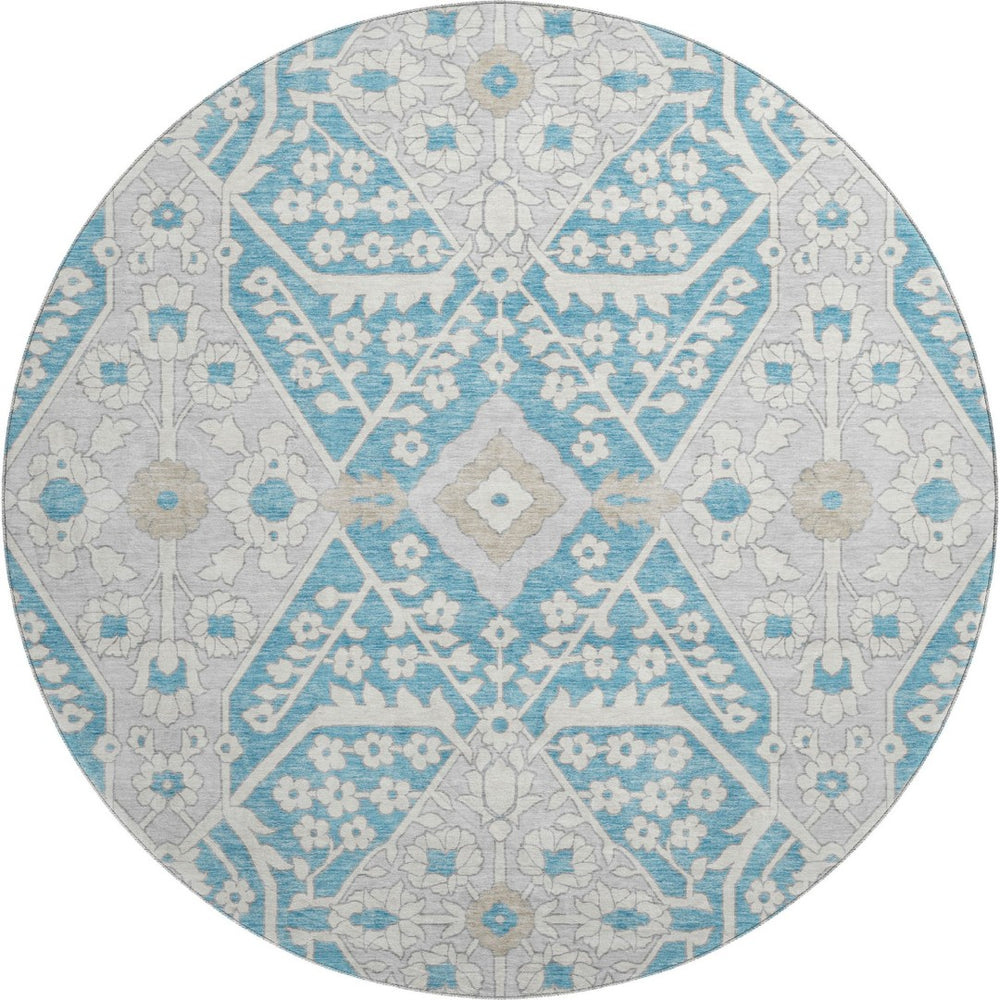 HomeRoots 8' Teal Gray Floral Round Rug - Washable, UV Protected, Durable, Ideal for Living Spaces & Patios 668582