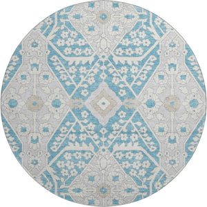 HomeRoots 8' Teal Gray Floral Round Rug - Washable, UV Protected, Durable, Ideal for Living Spaces & Patios 668582