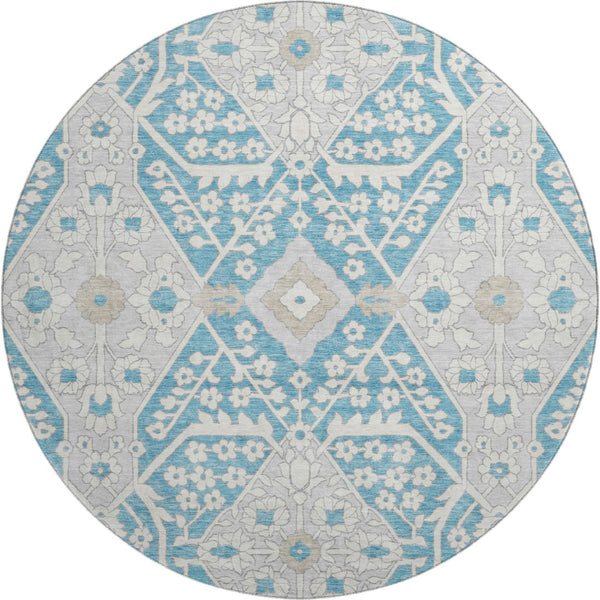 HomeRoots 8' Teal Gray Floral Round Rug - Washable, UV Protected, Durable, Ideal for Living Spaces & Patios 668582