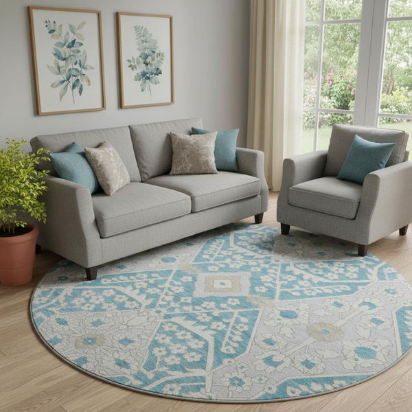 HomeRoots 8' Teal Gray Floral Round Rug - Washable, UV Protected, Durable, Ideal for Living Spaces & Patios 668582