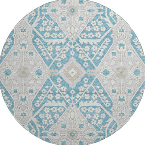 HomeRoots 8' Teal Gray Floral Round Rug - Washable, UV Protected, Durable, Ideal for Living Spaces & Patios 668582
