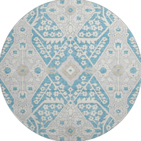 HomeRoots 8' Teal Gray Floral Round Rug - Washable, UV Protected, Durable, Ideal for Living Spaces & Patios 668582