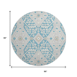 HomeRoots 8' Teal Gray Floral Round Rug - Washable, UV Protected, Durable, Ideal for Living Spaces & Patios 668582