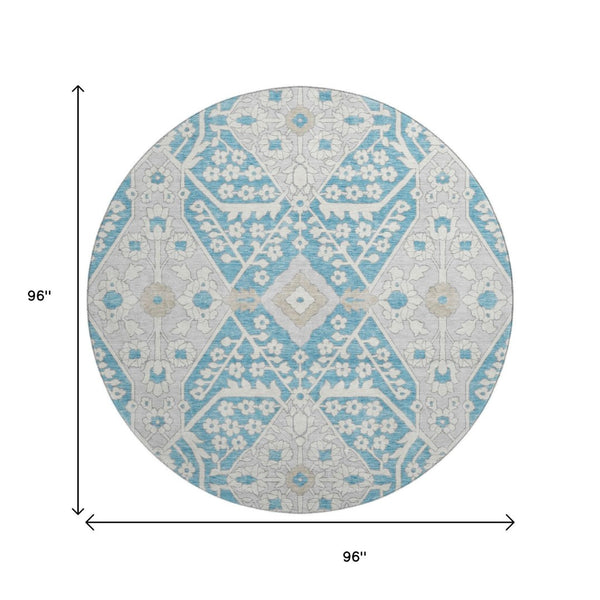 HomeRoots 8' Teal Gray Floral Round Rug - Washable, UV Protected, Durable, Ideal for Living Spaces & Patios 668582