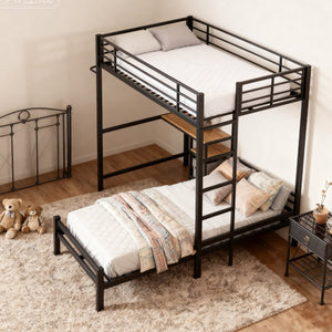 English Elm Bunk Bed Twin Over Twin With Integrated Desk, Storage, Safety Guardrails & Ladder - Black Metal Design W3752P378630