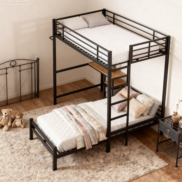 English Elm Bunk Bed Twin Over Twin With Integrated Desk, Storage, Safety Guardrails & Ladder - Black Metal Design W3752P378630