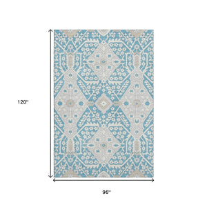 HomeRoots 8' X 10' Elegant Teal Gray Ivory Floral Rug - Washable, UV Protected, Ideal for Busy Homes & Patios 668583