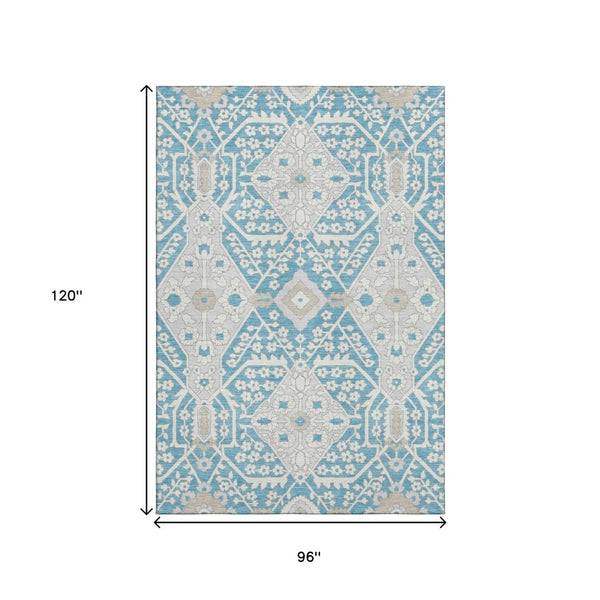 HomeRoots 8' X 10' Elegant Teal Gray Ivory Floral Rug - Washable, UV Protected, Ideal for Busy Homes & Patios 668583