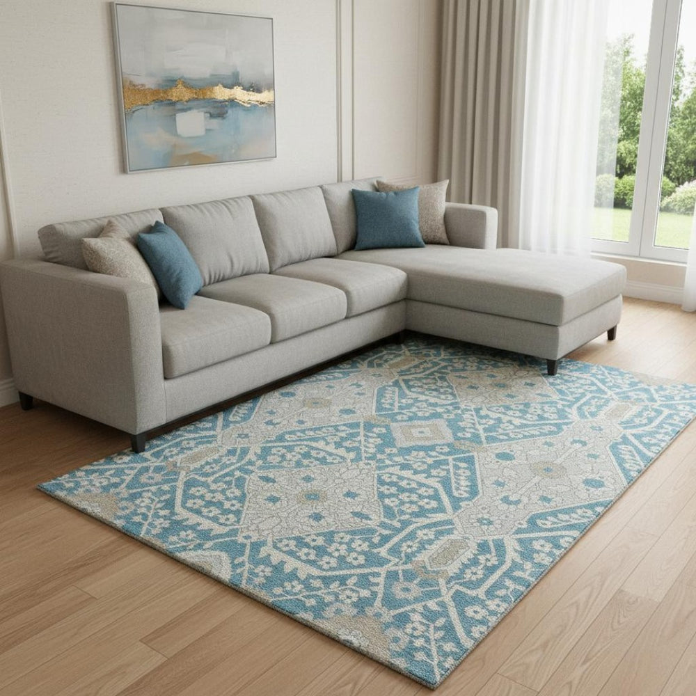 HomeRoots 8' X 10' Elegant Teal Gray Ivory Floral Rug - Washable, UV Protected, Ideal for Busy Homes & Patios 668583