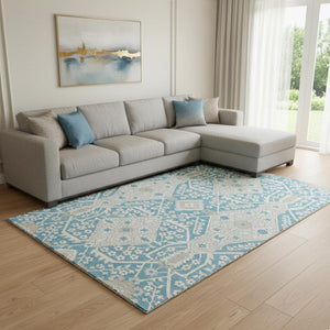 HomeRoots 9' X 12' Teal Gray Ivory Floral Area Rug - Washable, UV Protected & Perfect for High-Traffic Spaces! 668584