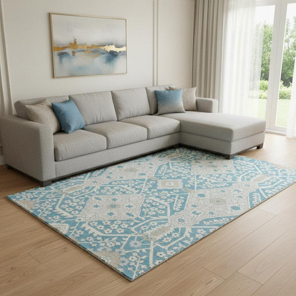 HomeRoots 9' X 12' Teal Gray Ivory Floral Area Rug - Washable, UV Protected & Perfect for High-Traffic Spaces! 668584