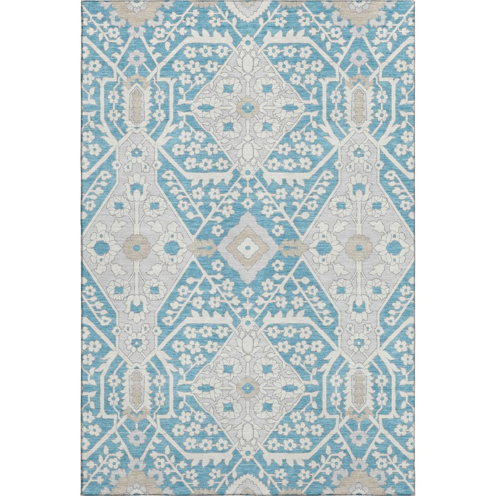HomeRoots 9' X 12' Teal Gray Ivory Floral Area Rug - Washable, UV Protected & Perfect for High-Traffic Spaces! 668584