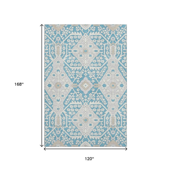 HomeRoots 10' Teal Gray & Ivory Floral Washable Area Rug - Stain Resistant, UV Protected, Perfect for Family Life! 668585