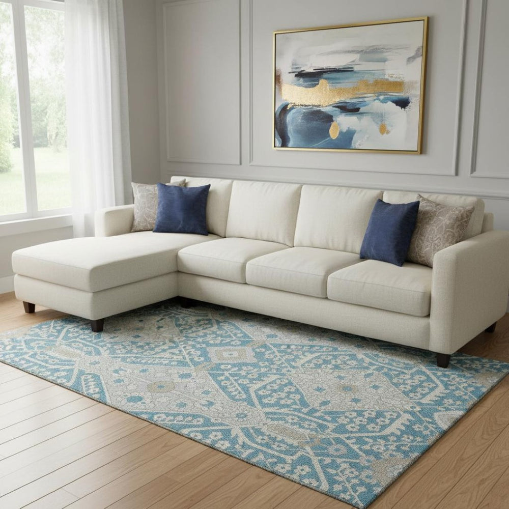 HomeRoots 10' Teal Gray & Ivory Floral Washable Area Rug - Stain Resistant, UV Protected, Perfect for Family Life! 668585