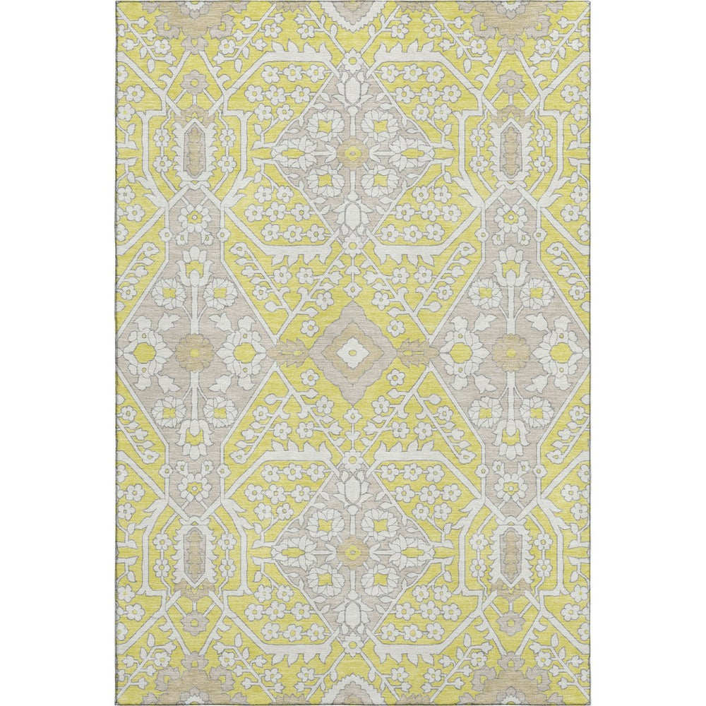 HomeRoots 5' X 8' Floral Washable Area Rug in Yellow Ivory & Beige – UV Protected, Stain Resistant, Durable Design 668587