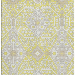 HomeRoots 5' X 8' Floral Washable Area Rug in Yellow Ivory & Beige – UV Protected, Stain Resistant, Durable Design 668587