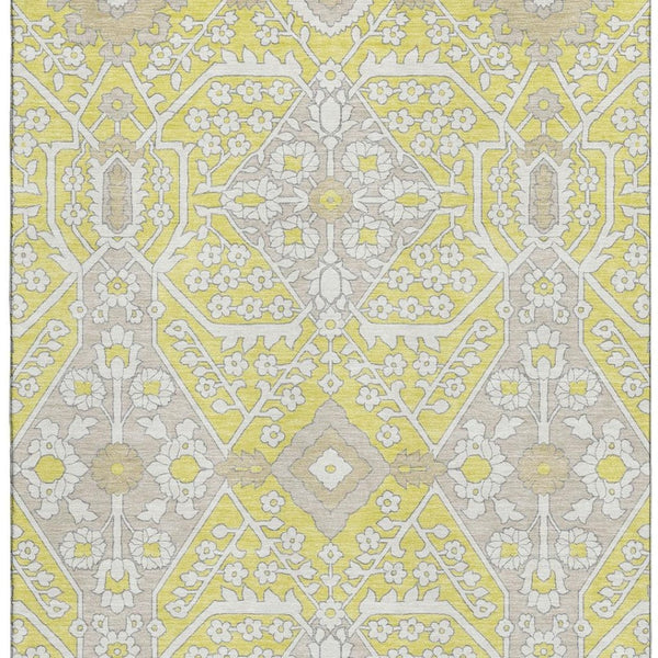 HomeRoots 5' X 8' Floral Washable Area Rug in Yellow Ivory & Beige – UV Protected, Stain Resistant, Durable Design 668587
