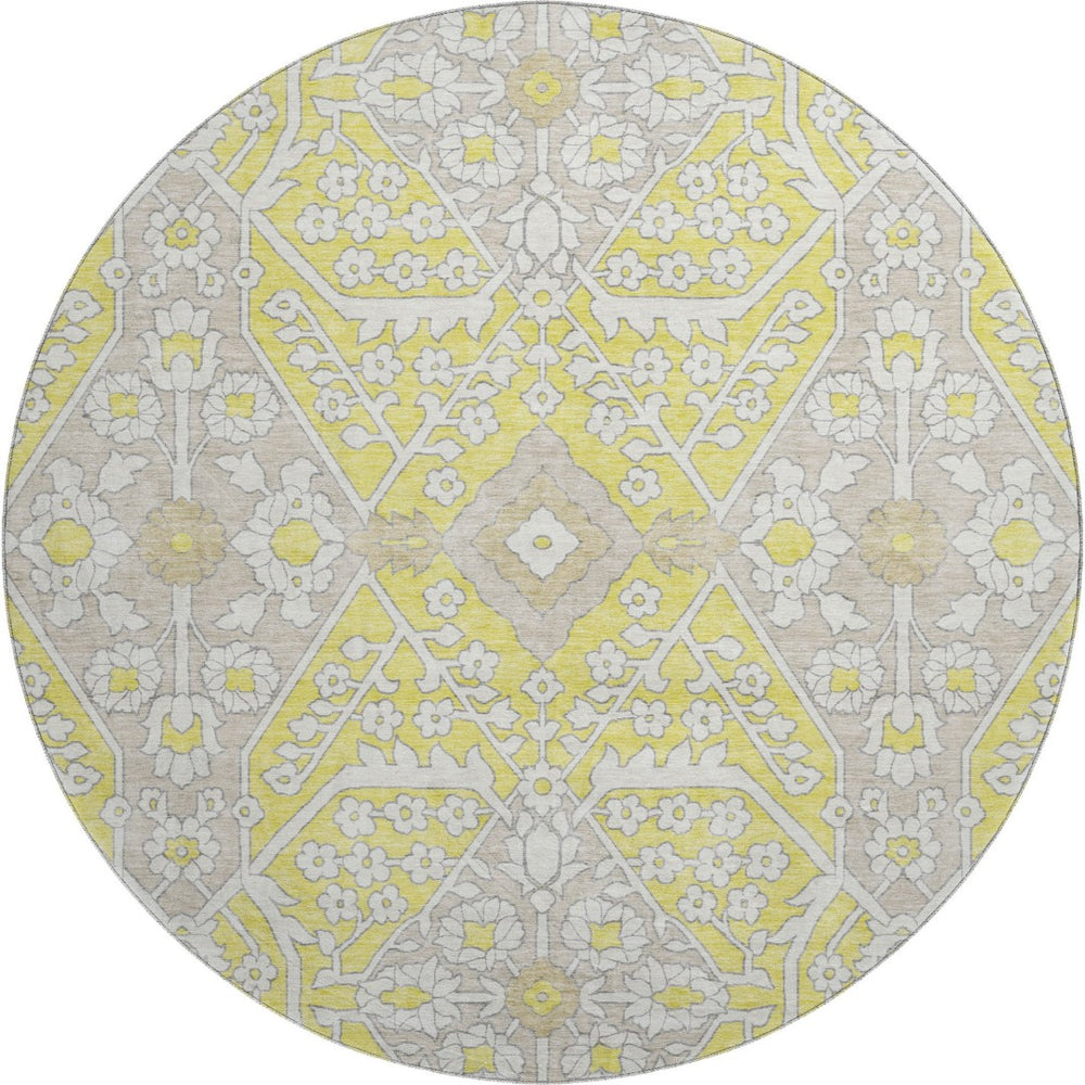 HomeRoots 8' Washable Round Rug with Yellow, Ivory & Beige Floral Design – UV Protected for Sunny Spaces! 668588