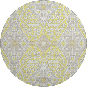 HomeRoots 8' Washable Round Rug with Yellow, Ivory & Beige Floral Design – UV Protected for Sunny Spaces! 668588