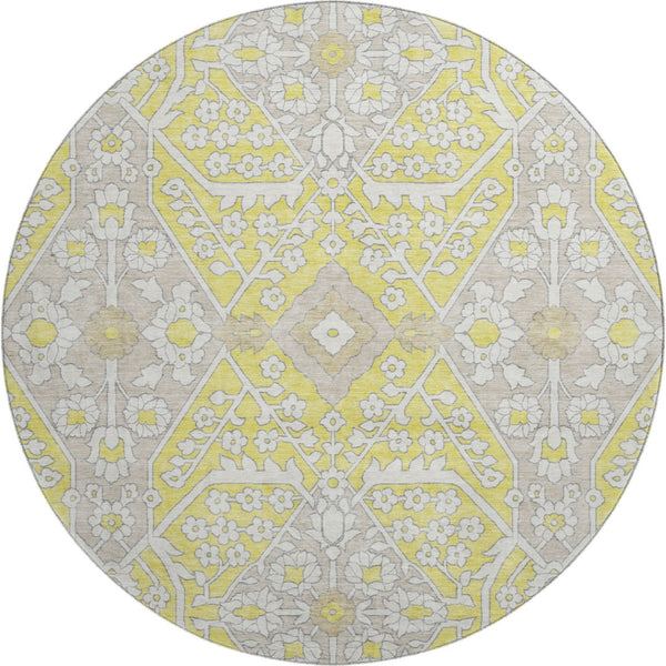 HomeRoots 8' Washable Round Rug with Yellow, Ivory & Beige Floral Design – UV Protected for Sunny Spaces! 668588