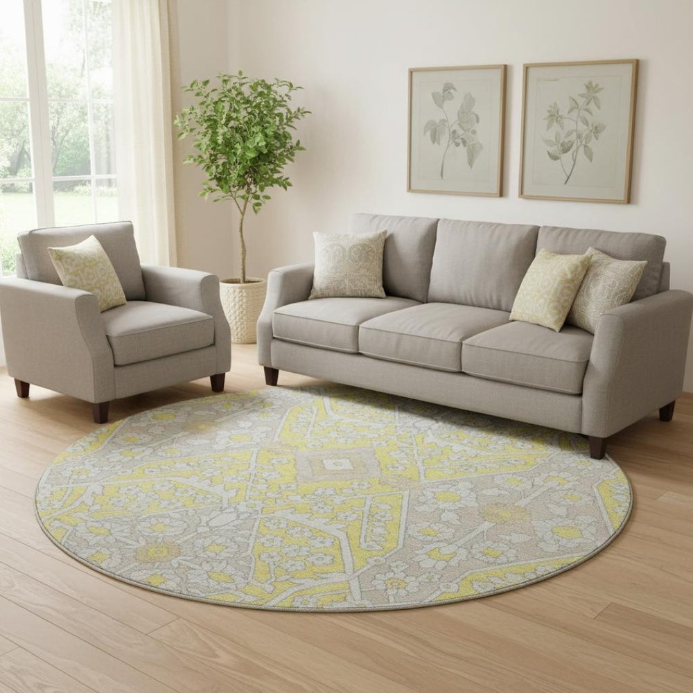 HomeRoots 8' Washable Round Rug with Yellow, Ivory & Beige Floral Design – UV Protected for Sunny Spaces! 668588