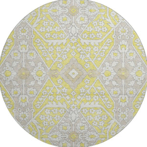 HomeRoots 8' Washable Round Rug with Yellow, Ivory & Beige Floral Design – UV Protected for Sunny Spaces! 668588