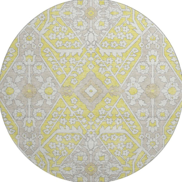 HomeRoots 8' Washable Round Rug with Yellow, Ivory & Beige Floral Design – UV Protected for Sunny Spaces! 668588
