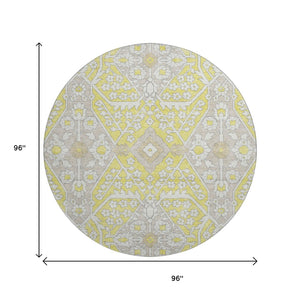 HomeRoots 8' Washable Round Rug with Yellow, Ivory & Beige Floral Design – UV Protected for Sunny Spaces! 668588