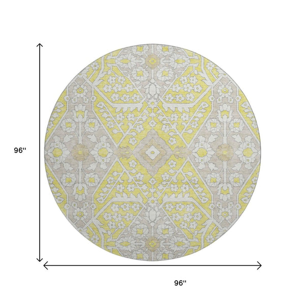 HomeRoots 8' Washable Round Rug with Yellow, Ivory & Beige Floral Design – UV Protected for Sunny Spaces! 668588