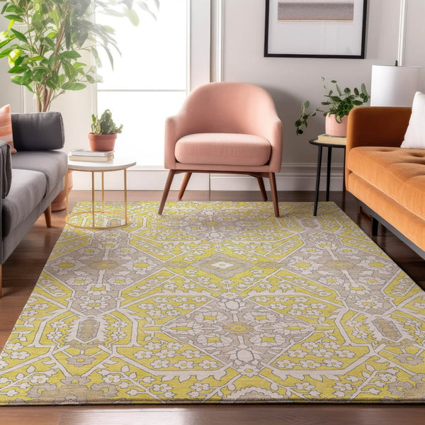 HomeRoots 9' X 12' Floral Area Rug in Yellow Ivory Beige – Stain Resistant, UV Protected, Easy Care & Durable 668590