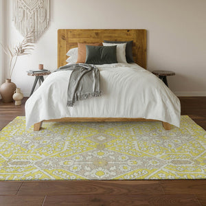HomeRoots 9' X 12' Floral Area Rug in Yellow Ivory Beige – Stain Resistant, UV Protected, Easy Care & Durable 668590