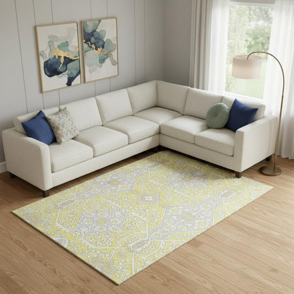 HomeRoots 10' Floral Washable Area Rug in Yellow, Ivory & Beige - Durable, UV Protected, Perfect for Homes! 668591