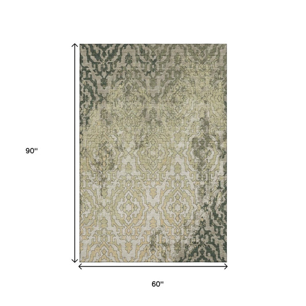 HomeRoots 5' X 8' Washable Medallion Area Rug in Green, Beige & Taupe with UV Protection for Durability 668593