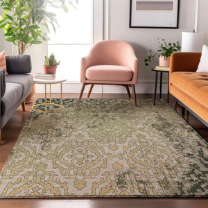HomeRoots 5' X 8' Washable Medallion Area Rug in Green, Beige & Taupe with UV Protection for Durability 668593