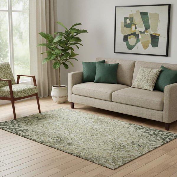HomeRoots 5' X 8' Washable Medallion Area Rug in Green, Beige & Taupe with UV Protection for Durability 668593