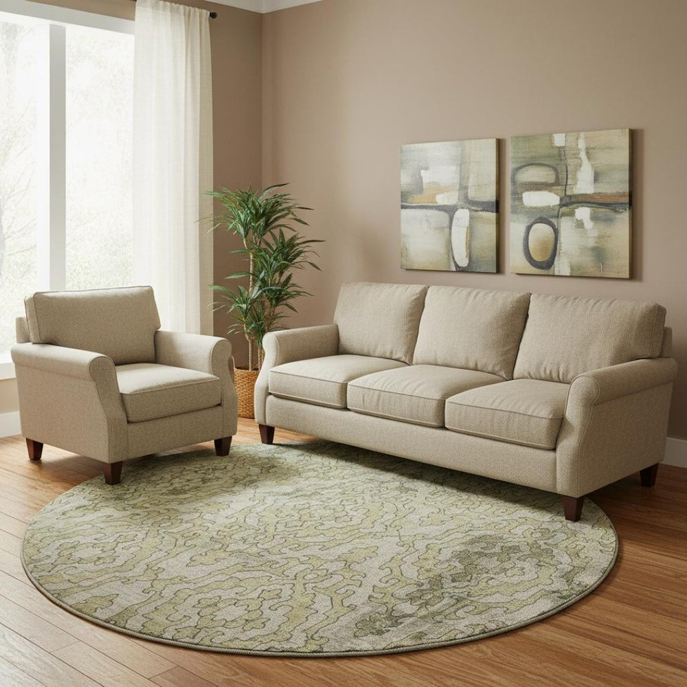 HomeRoots 8' Green Beige and Taupe Medallion Round Rug - Stylish, Washable with UV Protection for All Rooms 668594