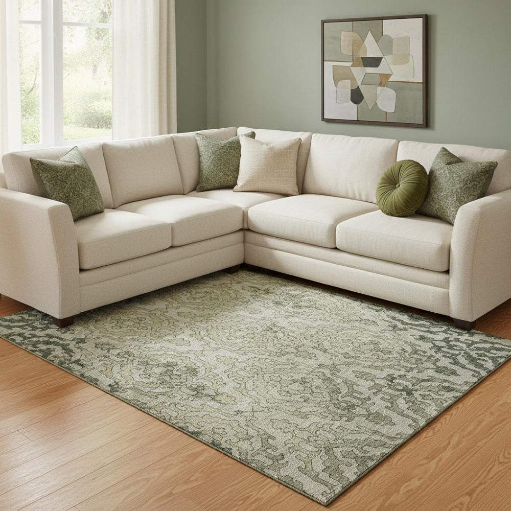 HomeRoots 9' Washable Medallion Area Rug in Green, Beige & Taupe - Stain Resistant, UV Protected & Durable 668596