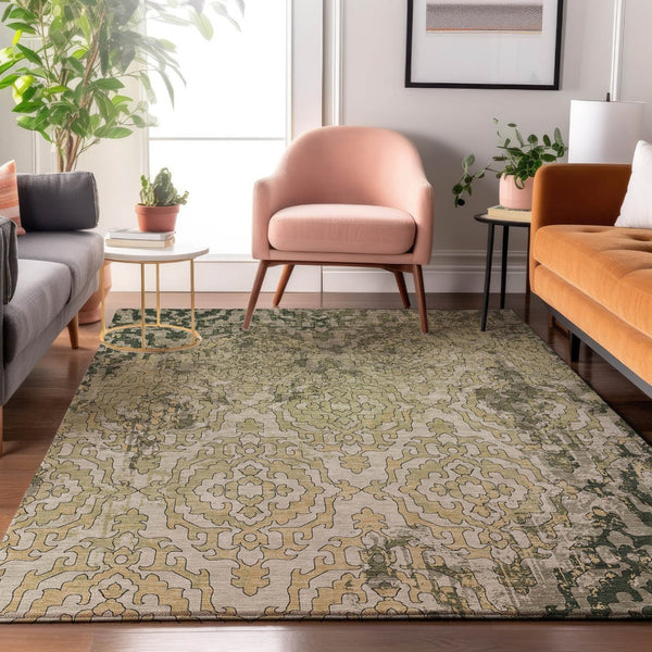 HomeRoots 10' Medallion Area Rug in Green, Beige & Taupe - Washable, UV-Protected, Durable for Family Spaces 668597
