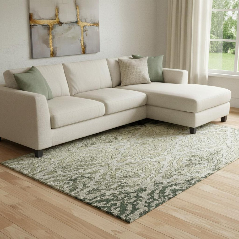 HomeRoots 10' Medallion Area Rug in Green, Beige & Taupe - Washable, UV-Protected, Durable for Family Spaces 668597