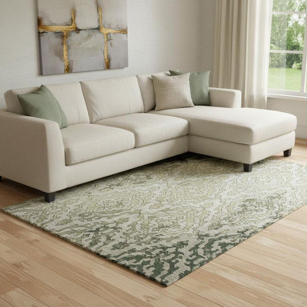 HomeRoots 10' Medallion Area Rug in Green, Beige & Taupe - Washable, UV-Protected, Durable for Family Spaces 668597