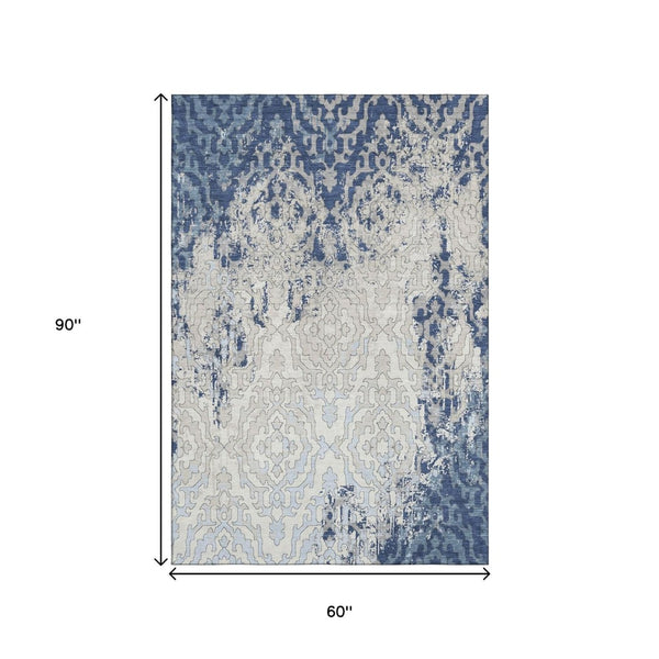 HomeRoots 5' Navy Blue, Ivory & Beige Medallion Area Rug - Washable, Stain-Resistant & UV Protected Elegance 668599