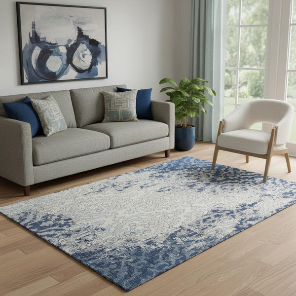 HomeRoots 5' Navy Blue, Ivory & Beige Medallion Area Rug - Washable, Stain-Resistant & UV Protected Elegance 668599