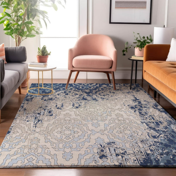 HomeRoots 5' Navy Blue, Ivory & Beige Medallion Area Rug - Washable, Stain-Resistant & UV Protected Elegance 668599