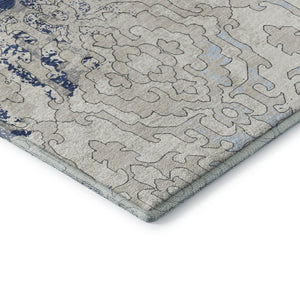 HomeRoots 5' Navy Blue, Ivory & Beige Medallion Area Rug - Washable, Stain-Resistant & UV Protected Elegance 668599