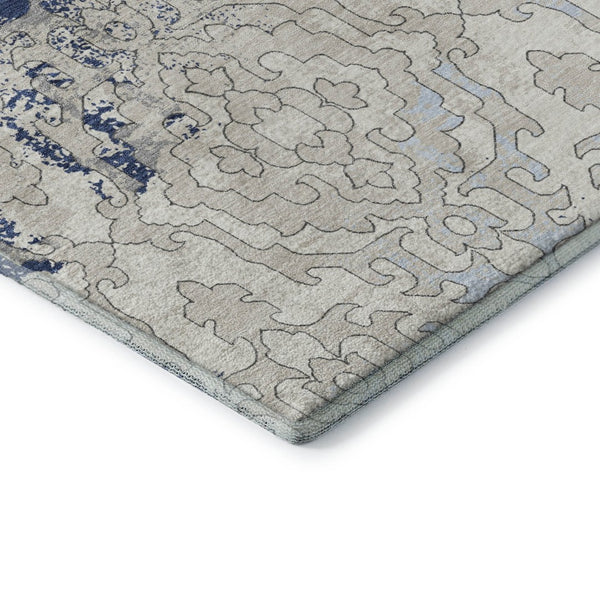 HomeRoots 5' Navy Blue, Ivory & Beige Medallion Area Rug - Washable, Stain-Resistant & UV Protected Elegance 668599