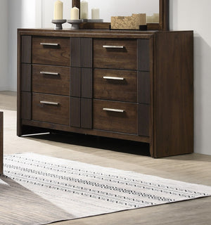 English Elm 1pc Modern 9-Drawer Dresser with Round Knobs, Gunmetal Wood-Pattern Finish, Stylish Bedroom Storage Brown 62 L x 19 W x 39.5 H B2741P346361