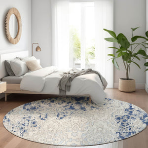 HomeRoots 8' Navy Blue Medallion Round Rug - Washable, UV-Protected, Soft Polyester for Stylish Durability! 668600