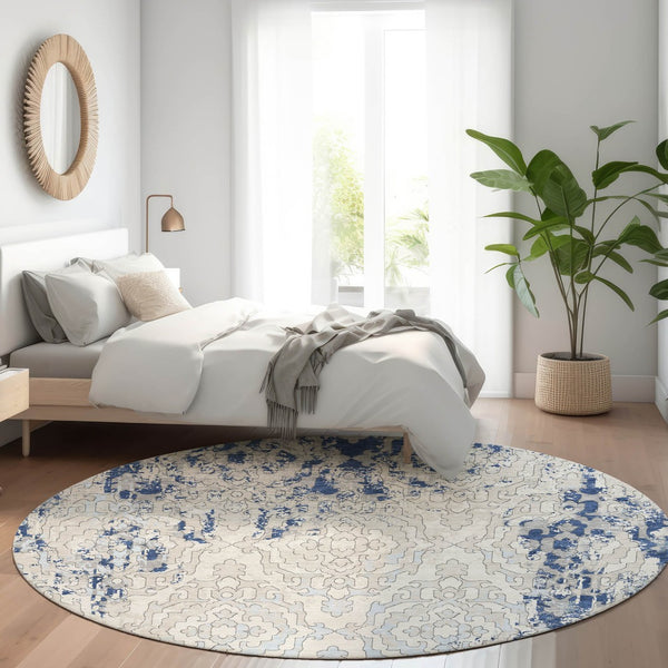 HomeRoots 8' Navy Blue Medallion Round Rug - Washable, UV-Protected, Soft Polyester for Stylish Durability! 668600