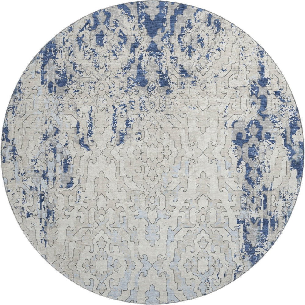 HomeRoots 8' Navy Blue Medallion Round Rug - Washable, UV-Protected, Soft Polyester for Stylish Durability! 668600